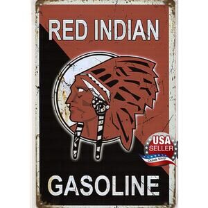 Tin Sign • Petroliana • Red Indian Gasoline •Native American in Feathered Bonnet